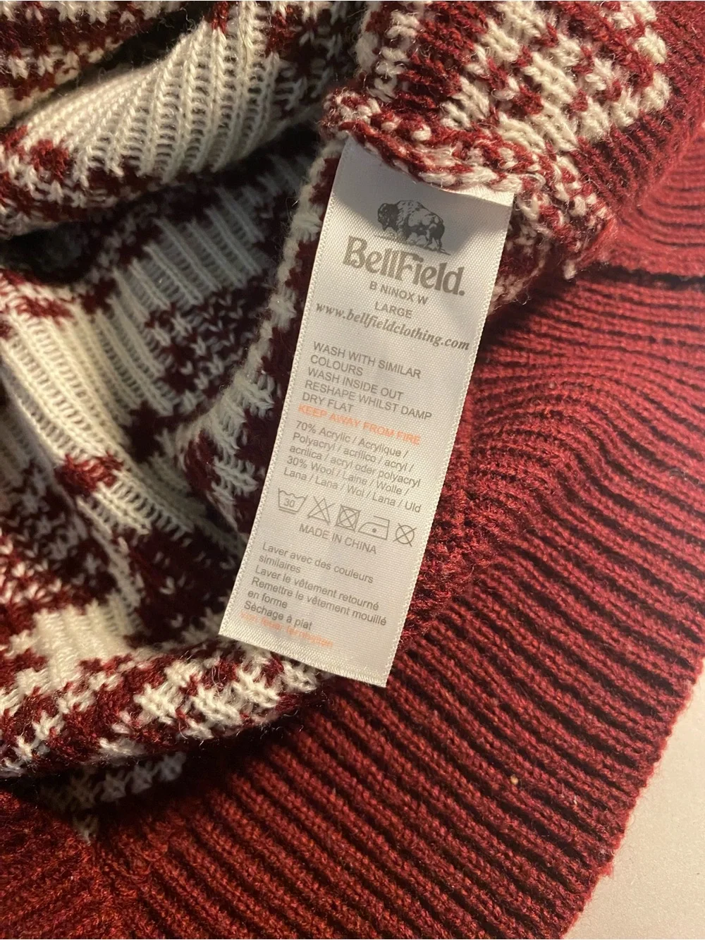 Bellfield Wool Blend Burgundy and Cream Fair Isle Nordic Crewneck Sweater